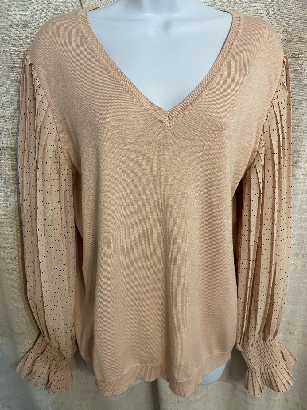 Adrianna Papell Blush Peach V-Neck Sweater with Pleated Dot Sleeves